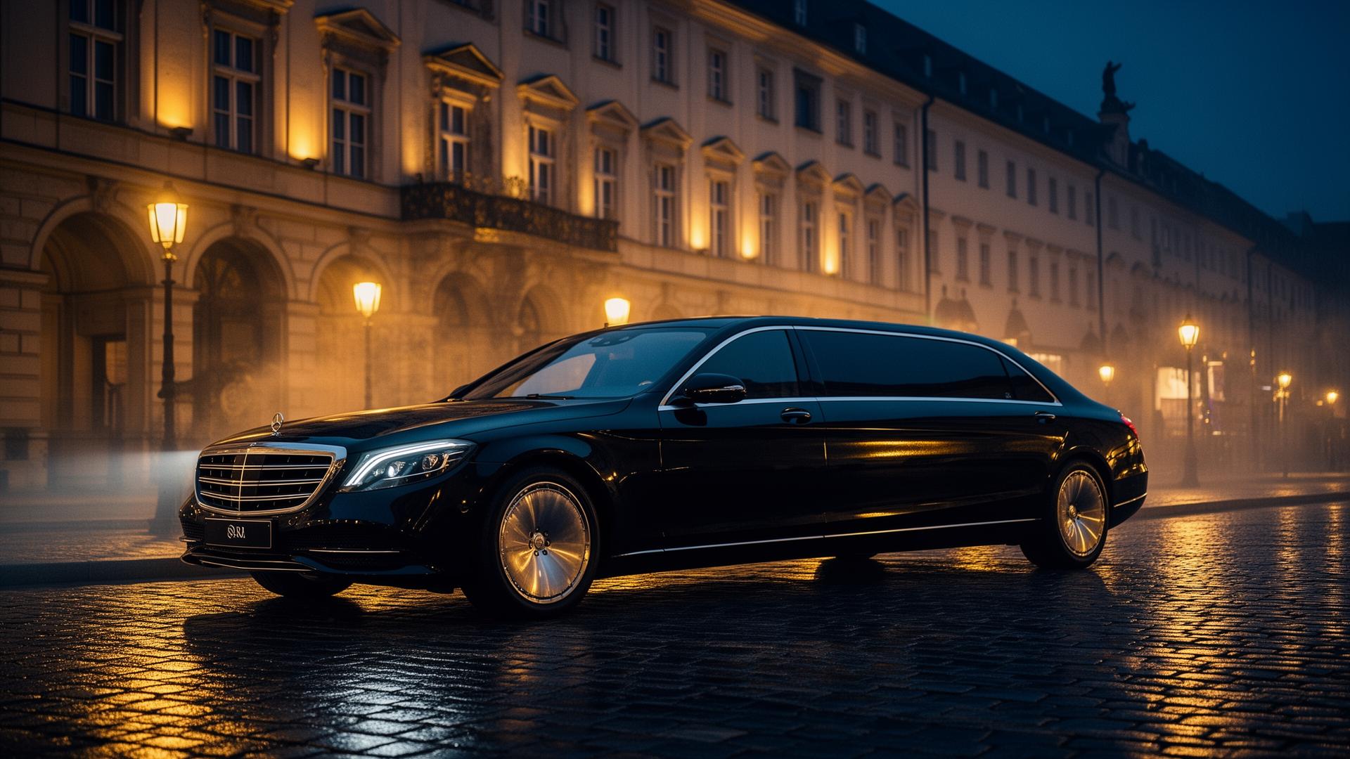 Schwarze Luxuslimousine vor historischem Münchner Gebäude bei Nacht